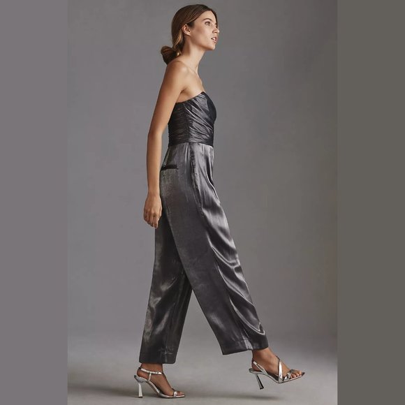 NEW Tall Sizes 4 to 10 Strapless Metallic Shine Jumpsuit, Carbon - Anthropologie - Picture 4 of 5